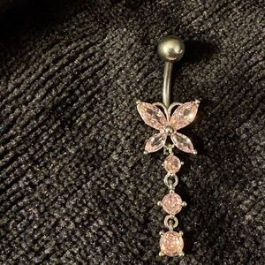 Belly Ring- Pink Copper silver tone Flower Shaped Zircons dangling  Belly Ring